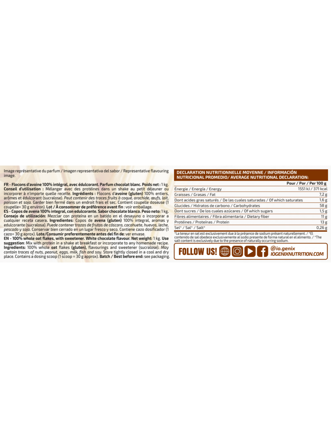 COPOS DE AVENA CHOCOLATE BLANCO 1KG IO GENIX